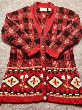 Vintage Northern Isles Hand Knitted Red Black Buffalo Plaid Cardigan Sweater